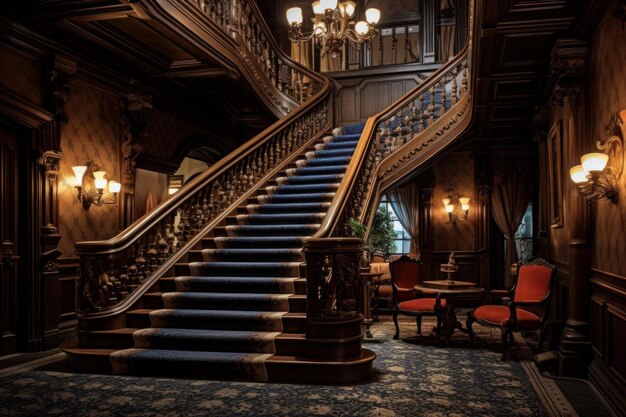 Ornate Marble stairs blue carpet historic hotel Generate Ai