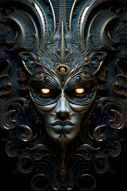 an ornate mask with glowing eyes on a black background