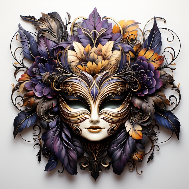 Ornate masquerade mask with flowers and feathers