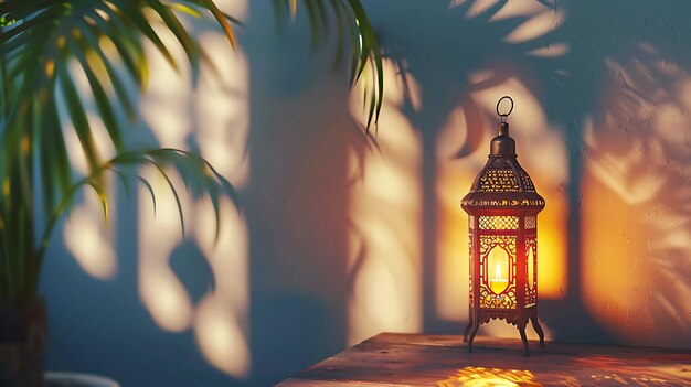 Ornate metal lantern with intricate geometric pattern casting beautiful shadows on the wall behind it
