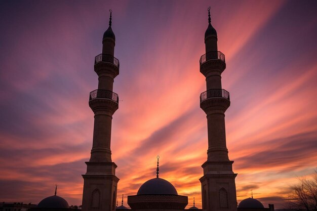 Ornate minarets against a vibrant sunset sky