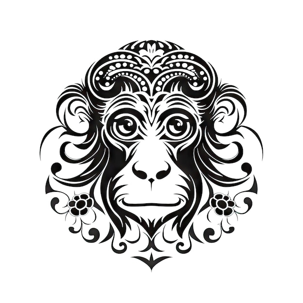 Ornate Monkey Icon Monkey Portrait Isolated Chinese Horoscope Minimal Symbol on White Background Generative AI Illustration