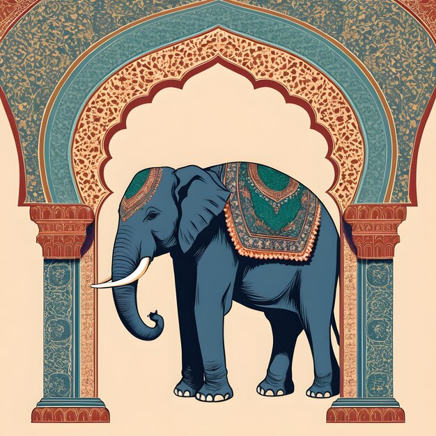 Photo ornate mughal arch wedding invitation design with elegant elephant illustration and traditional details