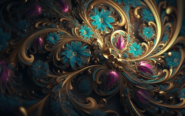 Ornate pattern and abstract flowers and vines gold and iridescent