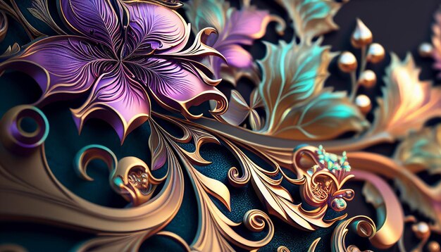 Ornate pattern and abstract flowers and vines gold