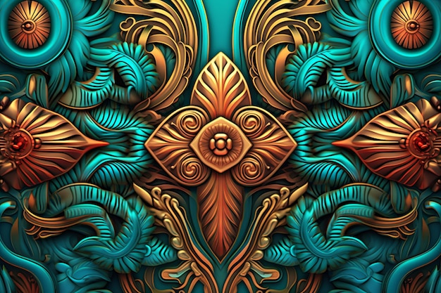 An ornate pattern on a blue and orange background