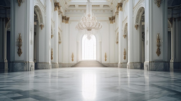 An ornate room with white walls and a marble floor