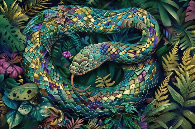 Ornate serpent illustration amidst a dense jungle setting implies mystery and nature
