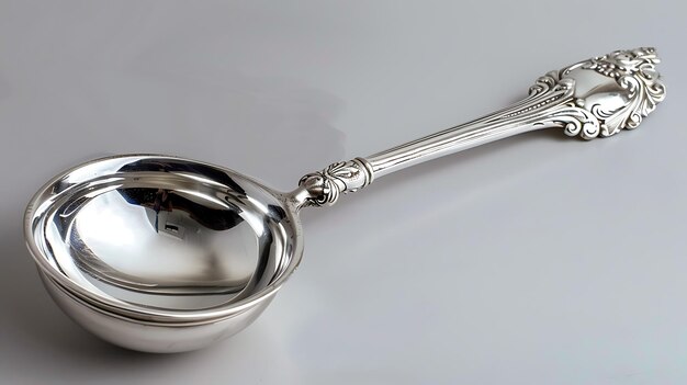 Photo ornate silver ladle with an elegant floral design handle isolated on a white background