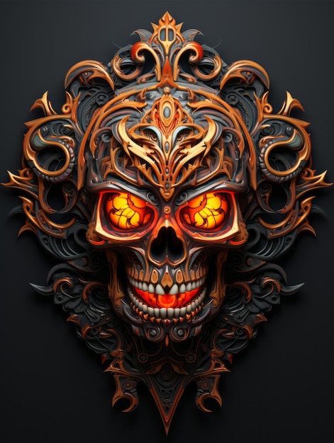 an ornate skull with glowing eyes on a black background