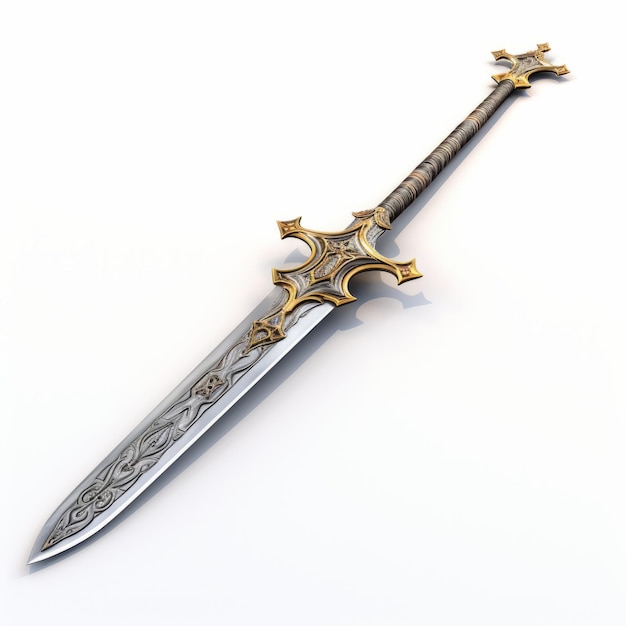 Окрашенный меч реалистичный фантастический произведение искусства с золотым и серебряным крестом