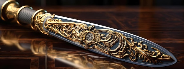 Photo an ornate sword on a table in the style of photorealistic details