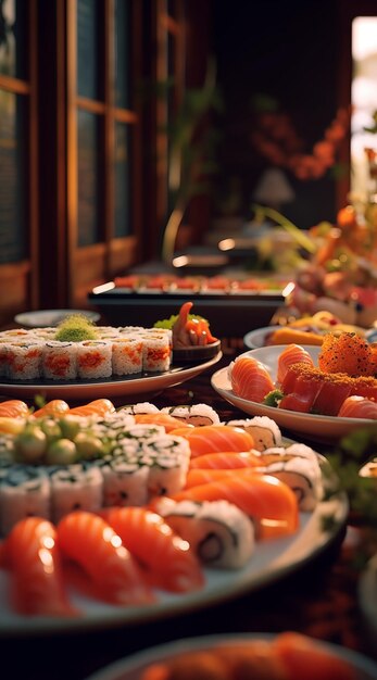 An ornate table featuring an elegant spread of sashimi sushi The sushi and sashimi