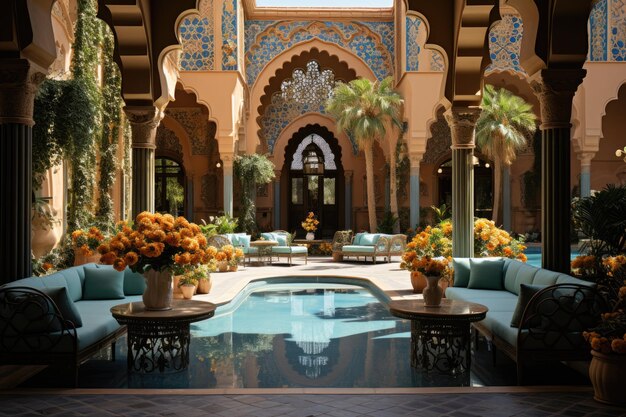 the ornate tiled courtyard of this Moroccan building professional advertising photography