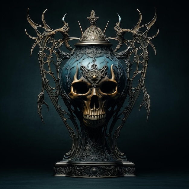 an ornate vase with a skull on it