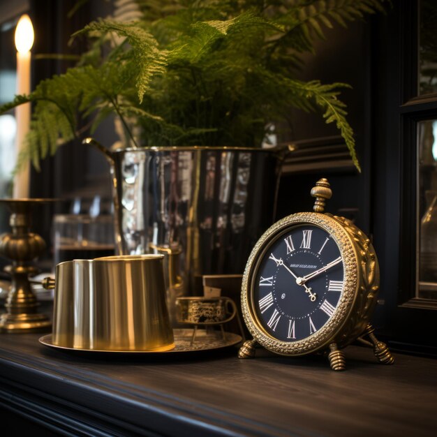 Photo ornate vintage clock with green plant in the background