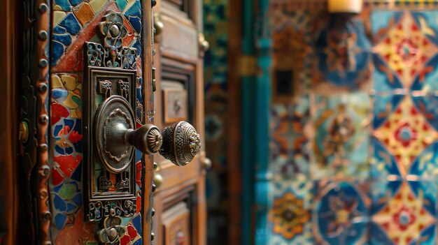 Foto porta vintage ornata con maniglia di metallo lucido la porta è fatta di legno e ha un colorato mosaico di piastrelle