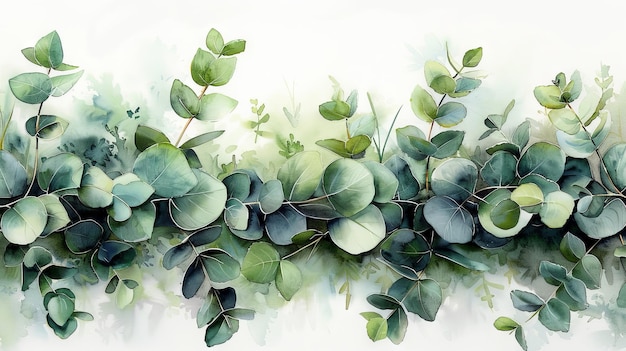 초록색 유칼립투스 잎과 가지로 장식 된 수채화 손으로 칠한 꽃받침은 카드, 결혼 초대, 포스터, 날짜를 저장하거나 날짜 카드를 저장하는 데 사용하십시오.