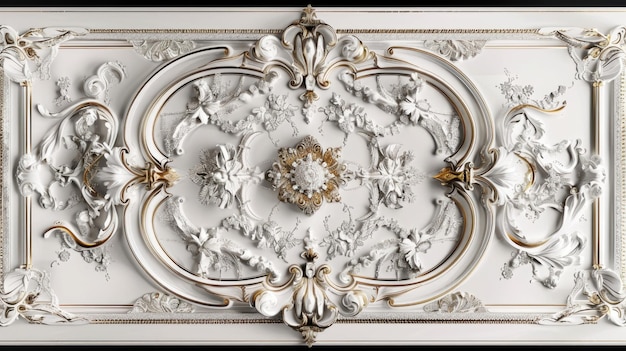 Ornate white plaster relief panel with classic design on a white background