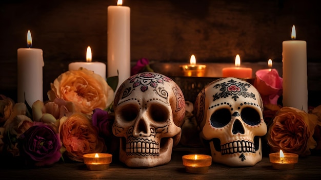 Ornate white sculls with candles and flowers for dia de los muertos or day of the dead celebration