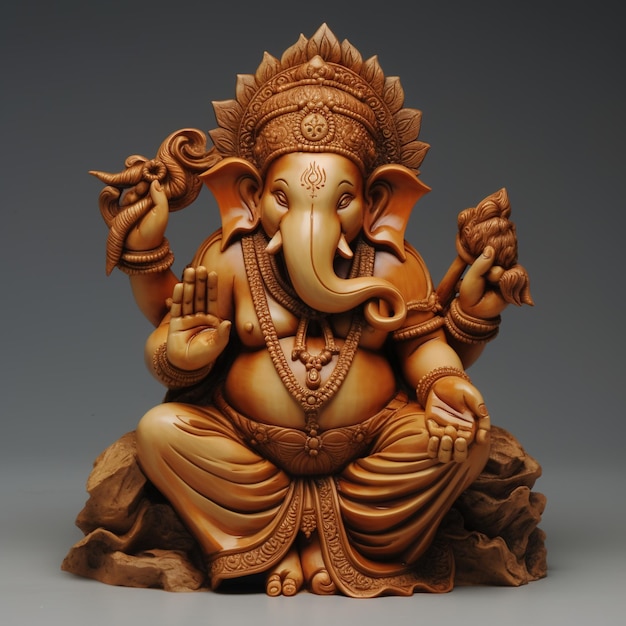 Ornate Wooden Sculpture of Hindu God Ganesha Sitting on a Rock