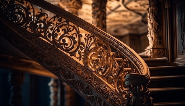 Ornate wrought iron balustrade adorns ancient staircase of elegant architecture generated by artificial intelligence