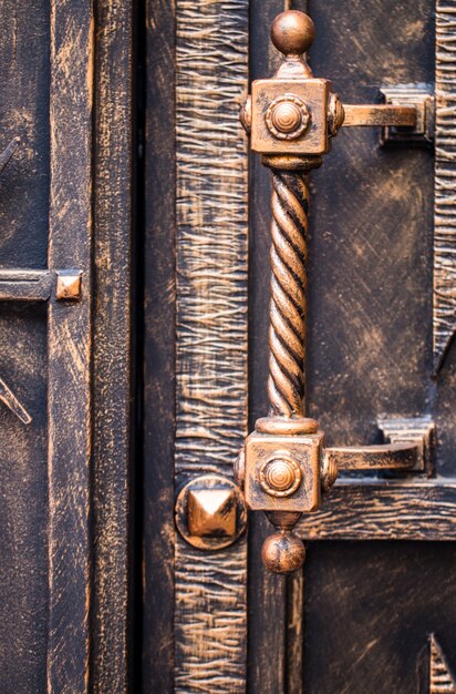 Ornate wrought-iron elements of metal gate decoration.