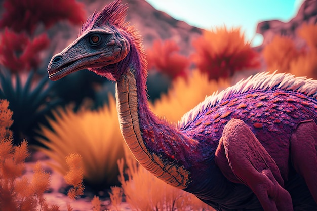 Ornithomimus kleurrijke gevaarlijke dinosaurus in weelderige prehistorische natuur door Generative AI