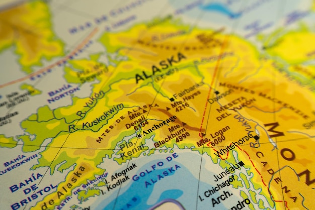 Orographic map of Alaska in the United States With references in Spanish Concept of cartography travel tourism geography Differential focus