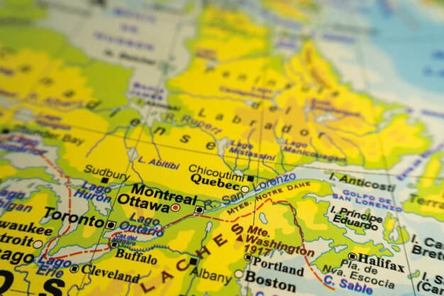 Orographic map of eastern canada and the state of quebec with\
references in spanish concept of cartography travel tourism\
geography differential focus