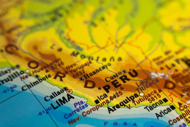 Orographic map of peru with references in spanish concept of\
cartography tourism geography differential focus