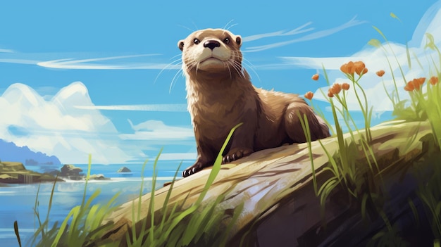 Orphanage Game Art Otter op water met realistische blauwe hemel