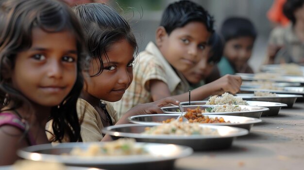 Orphanage mealtime lining up with trays innocence hungry for more