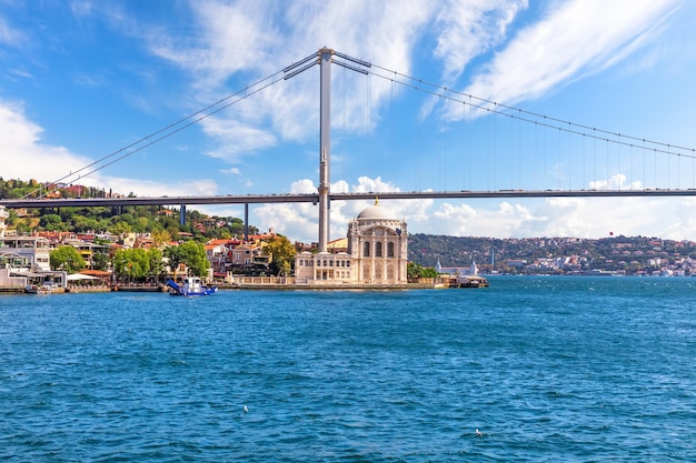 Ortakoy-moskee en de Bosporus-brug uitzicht vanaf de veerboot Istanbul Turkije