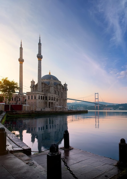 Ortakoy Mosque and Bosphorus bridge in Istanbul at sunrise, Turkey