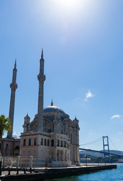 Ortakoy Mosque in Istanbul with the bosphorus bridge on a sunny day