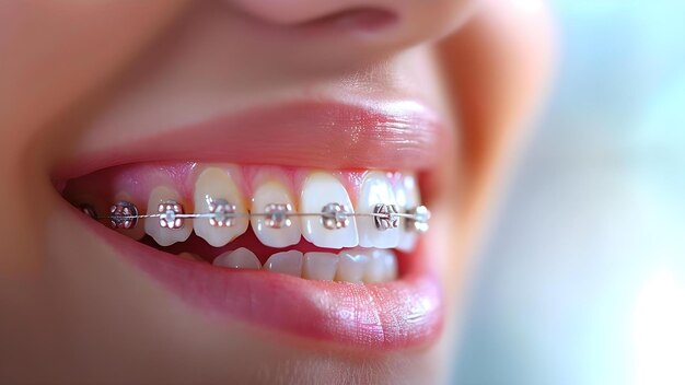 Photo orthodontic treatment closeup of person39s mouth with braces concept dental health orthodontics braces closeup treatment