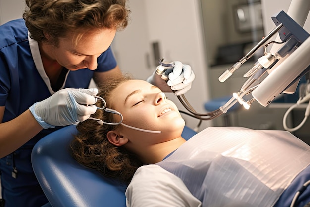 Orthodontist die zorgvuldig de beugels aanpast aan de tanden van een tiener.