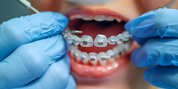 Orthodontist showcasing different types of braces for teeth alignment in a dental clinic Concept Orthodontics Braces Dental Care Teeth Alignment Orthodontist