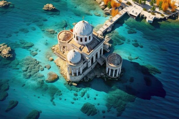 Orthodox Basilica Church on a Small Island in the Sea top aerial view Generative AI