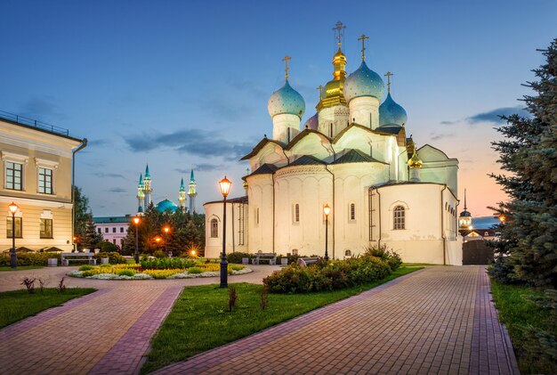 Orthodox Cathedral of the Kazan Kremlin with blue domes in the evening light