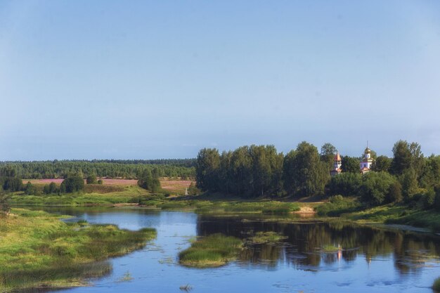 Orthodox Church on the banks of the Mologa River in the town of Pestovo A beautiful Orthodox church