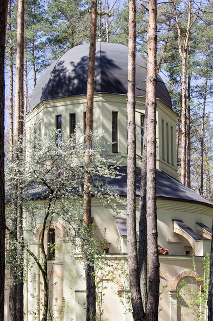 Costruzione di chiesa ortodossa nella foresta a irpin, ucraina