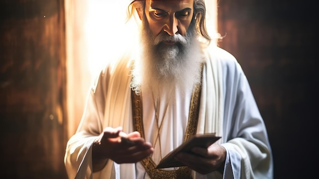 Православный священник в традиционной одежде держит открытую Библию, стоя в окне камеры под солнечным светом