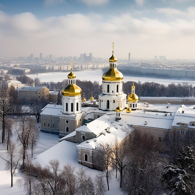 Orthodoxe kerk met gouden koepels bovenaanzicht prachtig winterlandschap