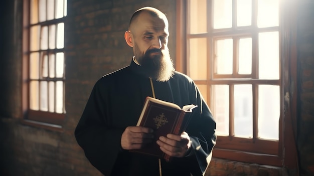 Foto orthodoxe priester in een traditionele mantel houdt een open bijbel vast terwijl hij in het zonlicht van het celvenster staat