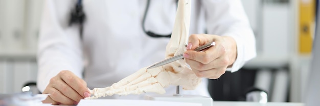 Photo orthopedic doctor explains physiology of bone model by pointing to point of model