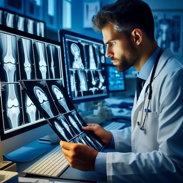 orthopedic doctor showing MRI bone scan to patient explaining checkup result