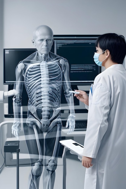 Foto orthopedisch chirurg arts die de röntgenfoto's van het kniegewricht van de patiënt onderzoekt mri-bot ct-scan