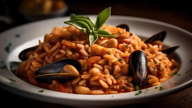 Orzo pasta cooked with fresh seafood such as shrimp mussels and calamari in a tomato